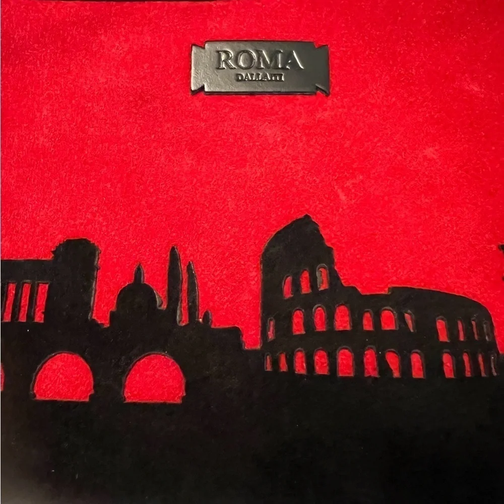 🎁NWT ROMA DALLAITI red & black laser cut suede zipper pouch bag w/ Rome skyline